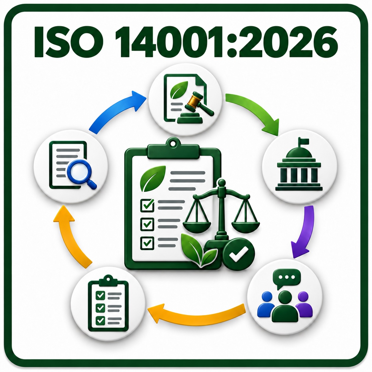 ISO 14001:2026 compliance obligations procedure illustration showing a compliance register, legal requirements, authorities, stakeholders, and document review.