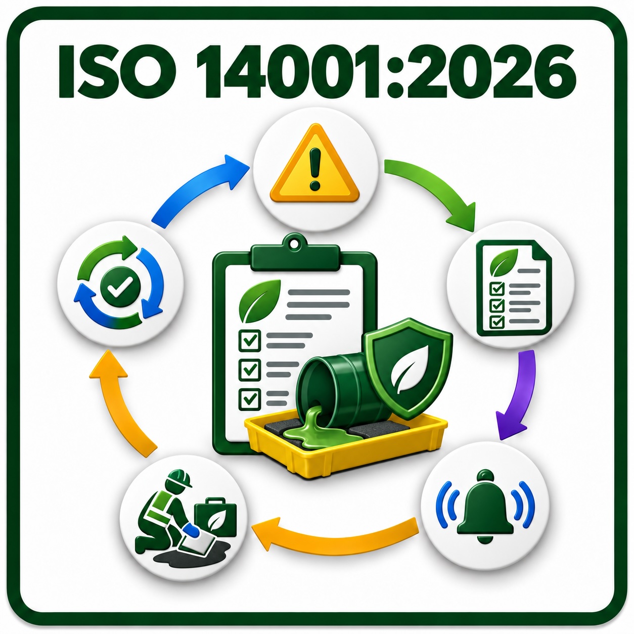 ISO 14001:2026 emergency preparedness and response illustration showing emergency planning, alerts, spill containment, response training, and review.