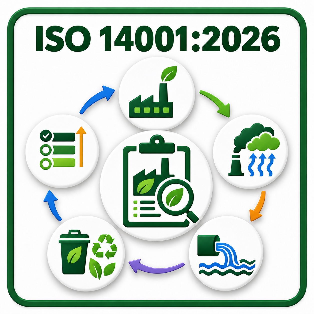ISO 14001:2026 environmental aspects procedure illustration showing a factory, aspects register, emissions, water discharge, waste, and evaluation