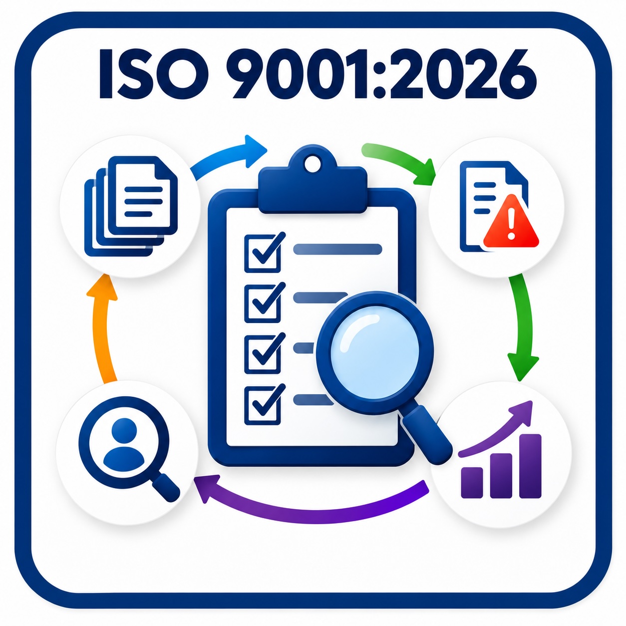 Illustration of an ISO 9001:2026 audit checklist with checked items, magnifying glass, and review icon