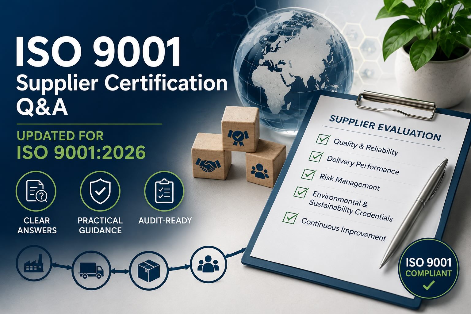 ISO 9001 supplier certification Q&A, updated for ISO 9001:2026 — supplier evaluation criteria including quality, delivery, risk, and environmental and sustainability credentials